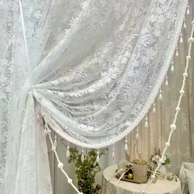 Custom Size Cream Lace Sheer Gauze Drape Living Room Partition Bay Window Decor for Romantic Bedroom Home Atmosphere Decoration