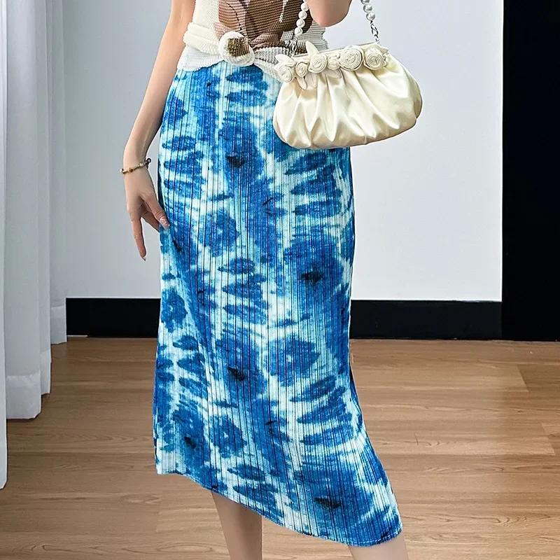 Miyake Pleated Skirt Women's 2024 Summer New Style High-waisted Temperament Slimming Slit Fashionable Mid-length Printed Skirt