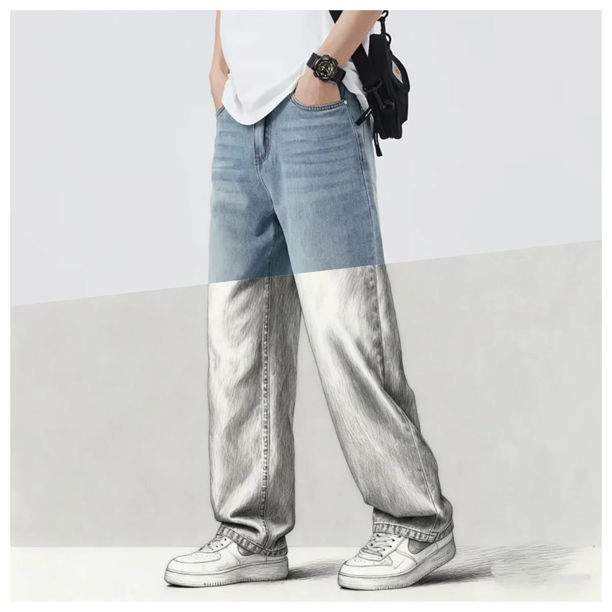 

Men's Baggy Straight Jeans trend Korean High Street Denim Pants Streetwear loose Trousers wide leg blue Summer ice silk thin