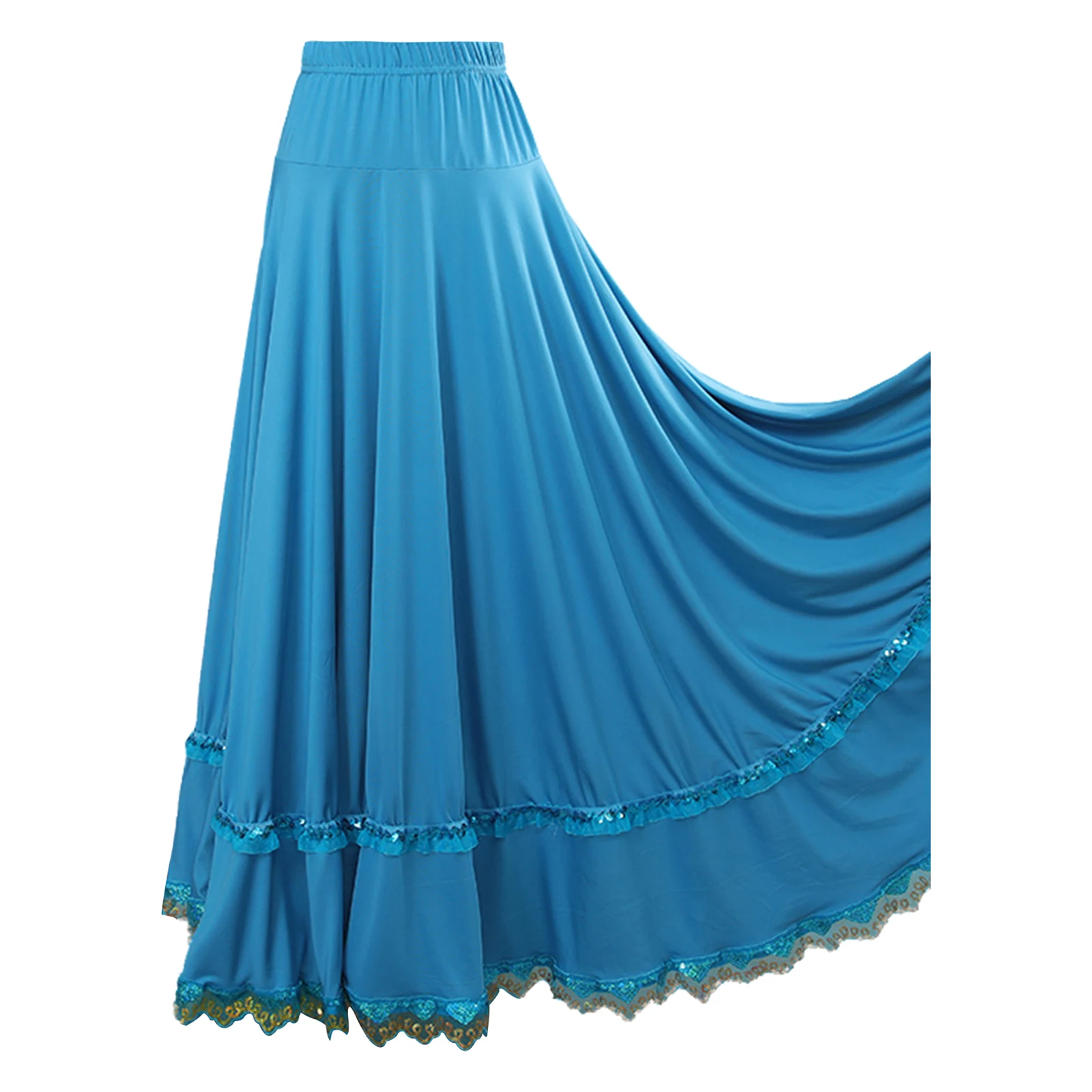 女性用伸縮性ウエストフラメンコダンスロングスカートフルサークル流れるようなデザイン、ボールルームスクエアダンス用のフリルレーストリム付き