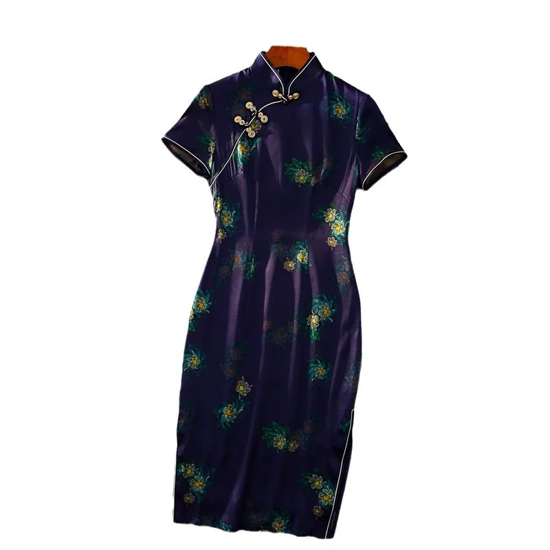 Cheongsam Qipao Women Dress Summer Stand Collar High Quality Real Silk Printed Chinese Style Vintage