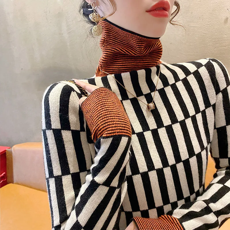 

Women Clothes Slim Turtleneck Jumper Spring Casual Knitted Spliced Fashion Sweaters Female Top Chic Plaid All-match Y2k Pullover