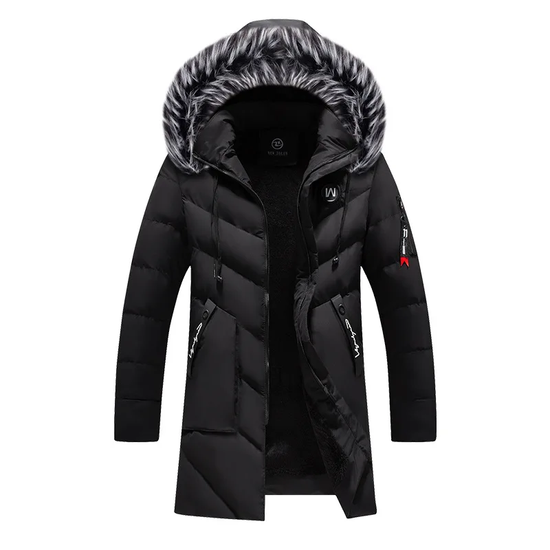 

Winter Long Outwear Coats Men Parkas Thick Fleece Solid Color Winter Jacket Fashion Fur Hooded Warm Cotton Parka Windbreaker
