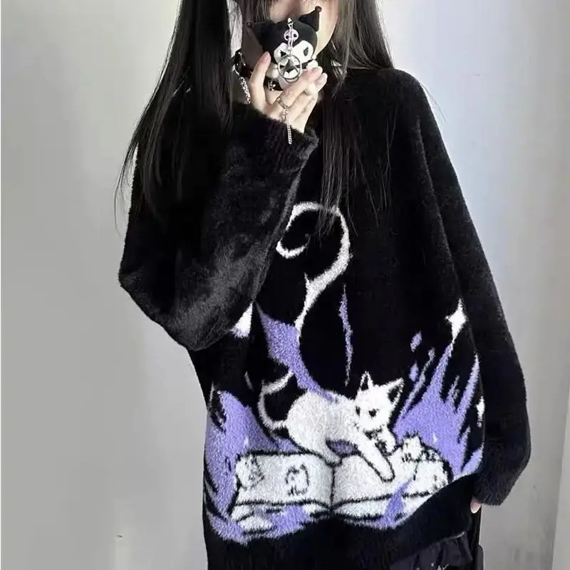 

Knitted Sweater Purple Cute Cat Print Design Sweater Imitation Mink Round Neck Cute Furry Top