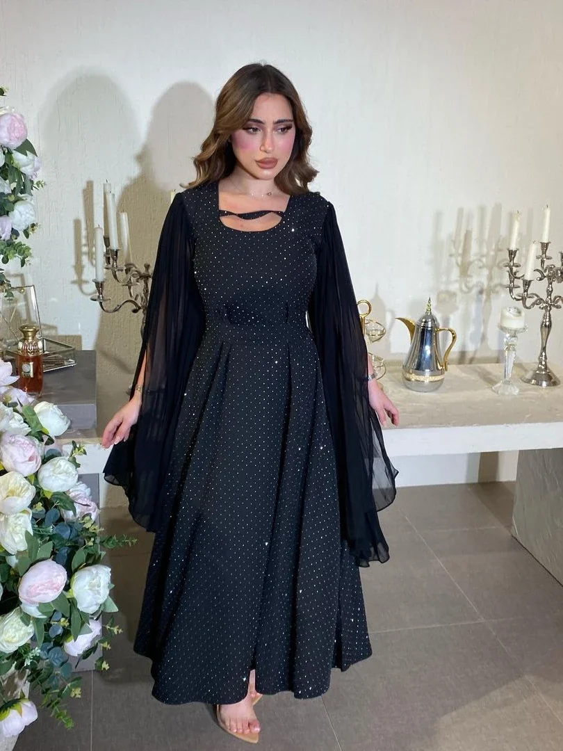 ALSEY Pullover Women's Dresses Solid Color Robe Stamping Rhinestone Dresses Chiffon Pleated Dubai Abaya2024 Winter New