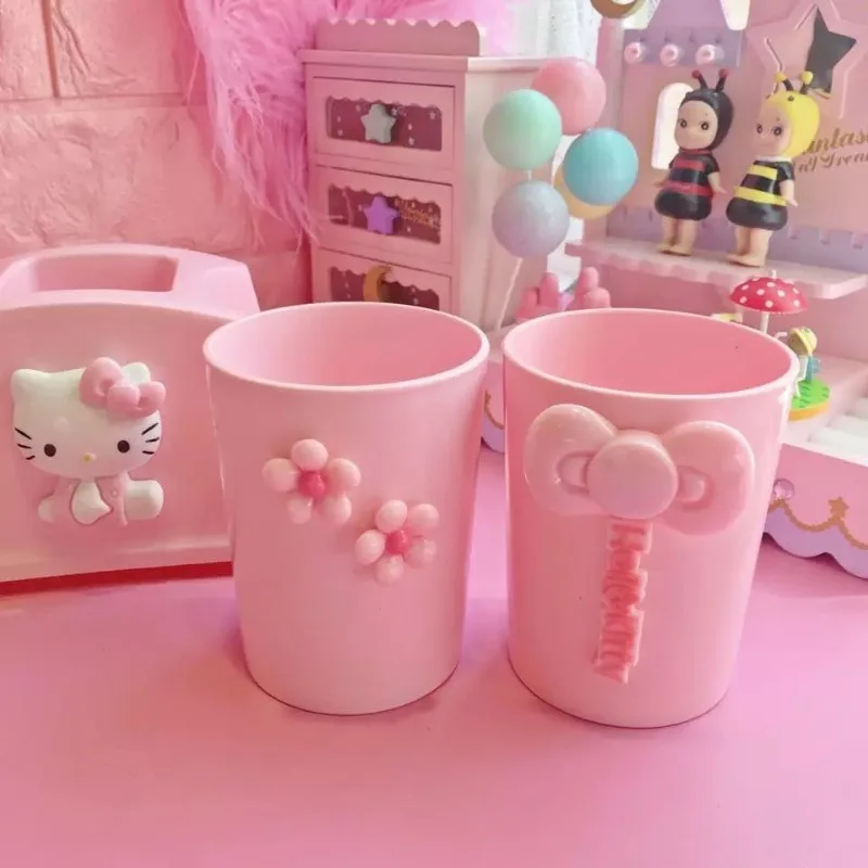 New Kawaii Girl Hello Kitty Cute Sanrio Anime Peripheral Washing Mouth Cup Toothbrush Holder Set Couple Brushing Tooth Cup Gift