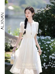 ALXNAN Eleganckie koronkowe długie sukienki dla kobiet 2024 Summer New Mesh Puff Short Sleeve Smock French Temperament Lace-up Dress L36606