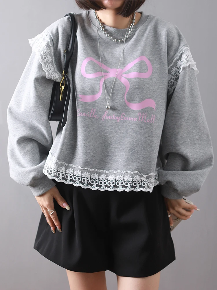 Fashion Lace Printed Bow Sweatshirts Women Black Grey Autumn Winter Long Sleeve Casual Grey Pullovers Female 2024 New Y2K Hoodie