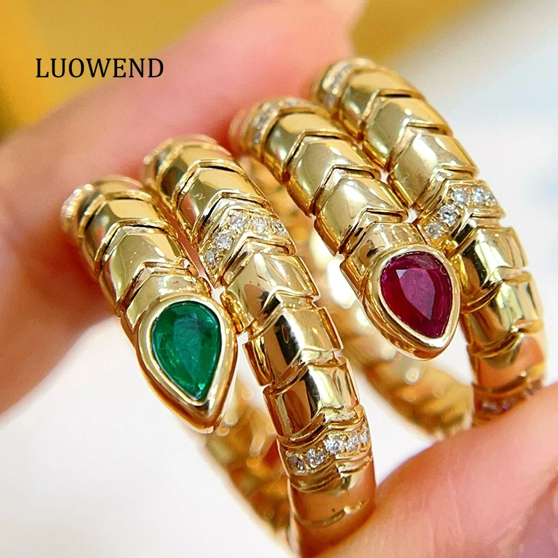 LUOWEND 100% 18K Yellow Gold Rings Fashion Snake Shape Shiny Diamond Natural Ruby/Emerald Ring for Women High Party Jewelry