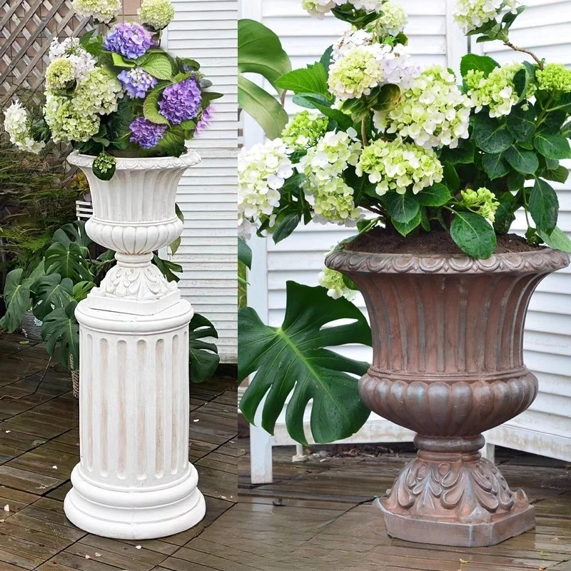 

European-style large cylindrical tall Roman column flower pot decoration villa garden courtyard entrance retro ornament wedding
