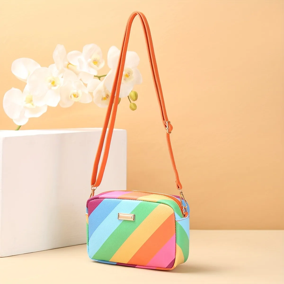 

Fashion Women Rainbow Striped Crossbody Shoulder Bag for Girls Small Purse and Handbag Ladies Pu Leather Flap Beach Bag Chic