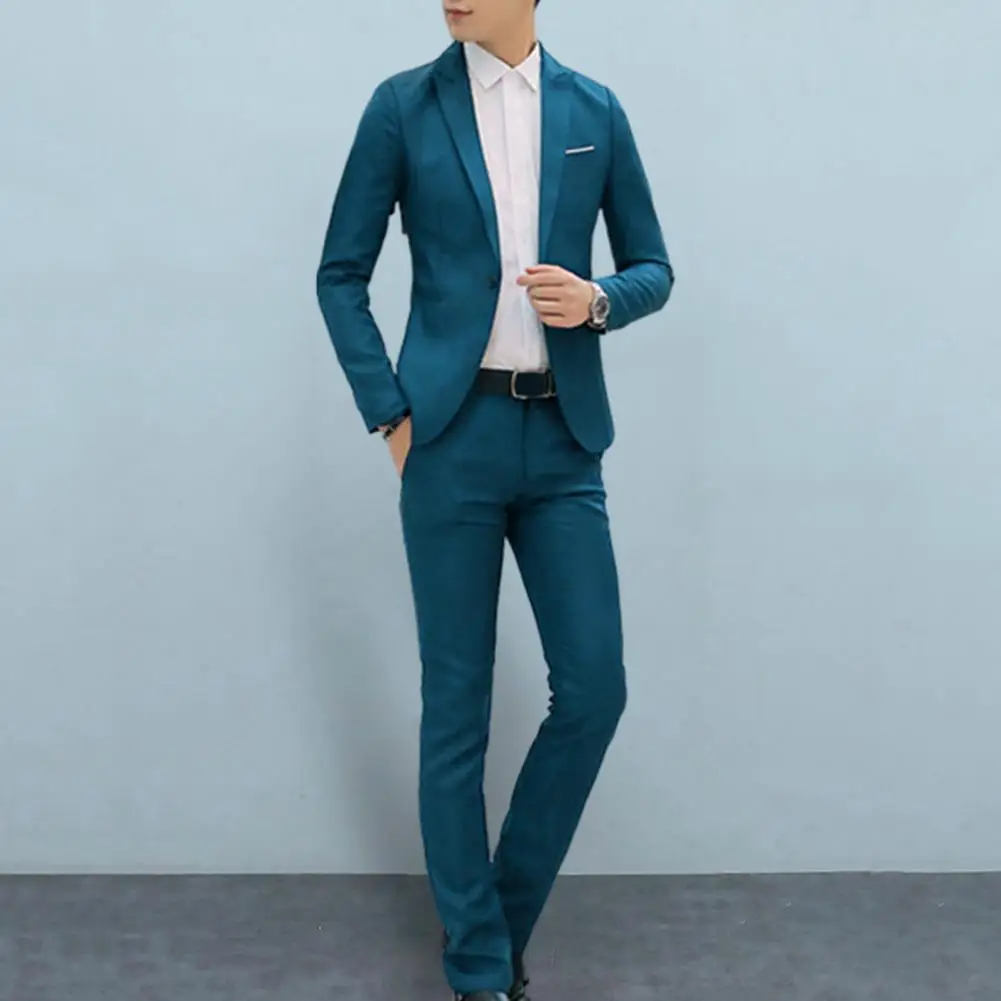 Men Slim Fit Pants Set Men\'s Slim Fit Business Suit Set with Single Button Long Pants Spring Autumn Solid Color Lapel Design