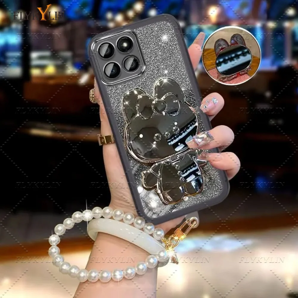 Luxus Kaninchen Spiegel Halterung Telefon Fall Für OPPO Reno 14F 14 Pro 12F 13F A17 A5 A9 2020 A54S a53S Perle Glitter Schutzhülle