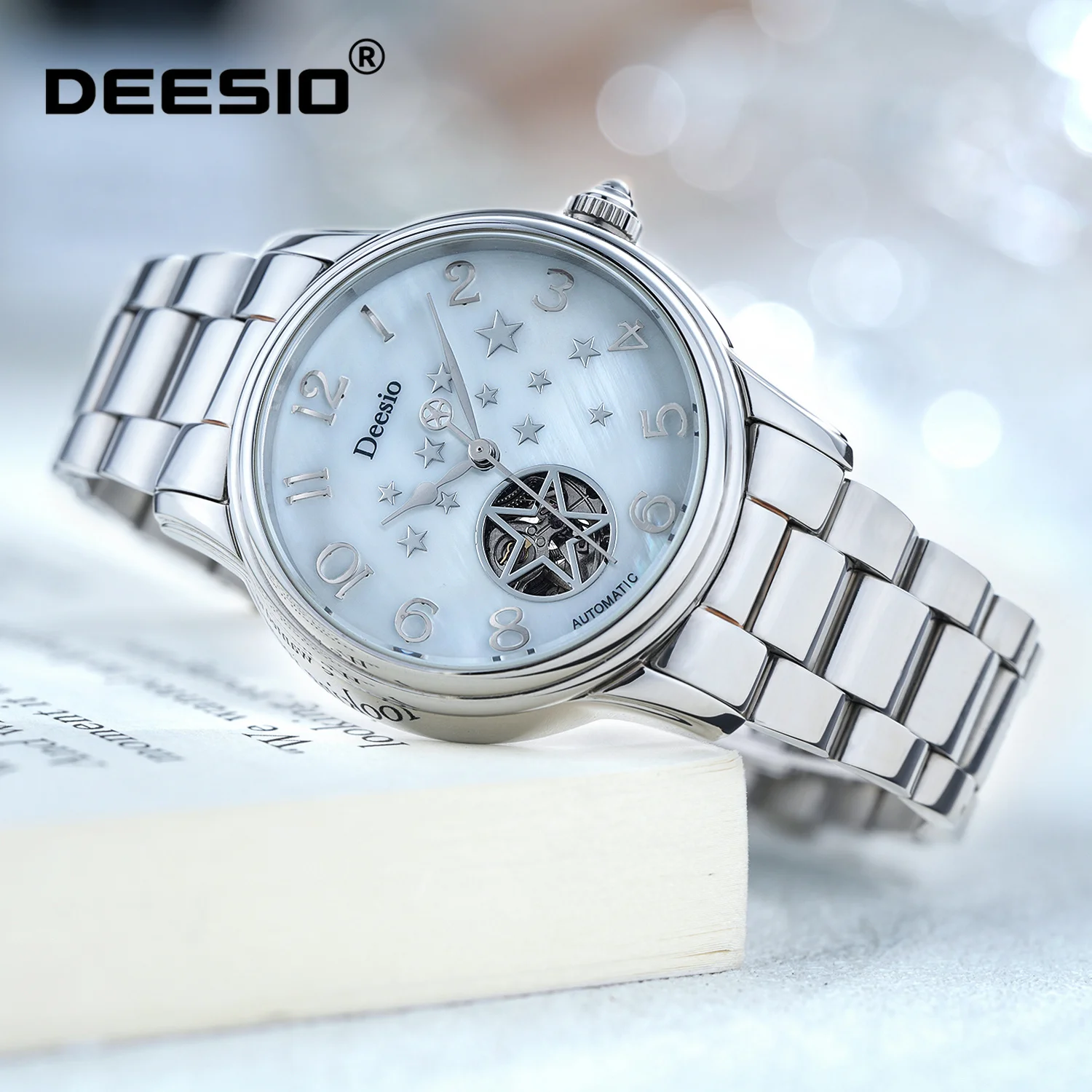 Deesio Women Automatic Mechanical Watch Skeleton Dial Stainless Steel Hardlex Glass Leather 50M Waterproof Luxury Watch Gift
