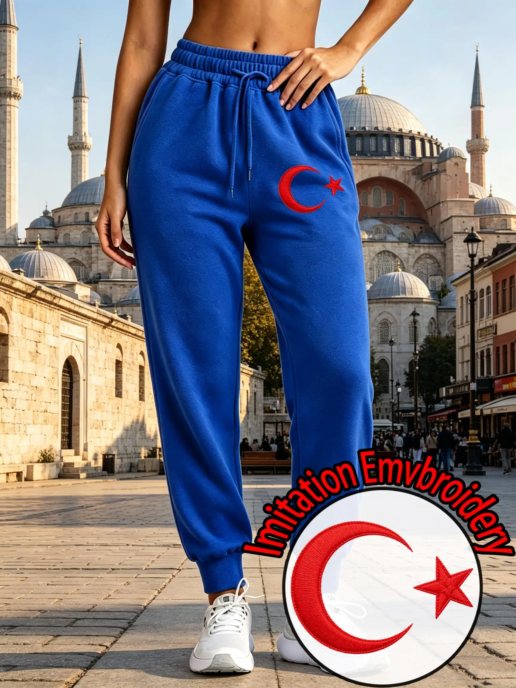 Türkiye Imitation Embroidery Print Women Sweatpant Fleece Autumn Unisex Jogging Pants Drawstring Pocket Clothes Hip Hop Pant