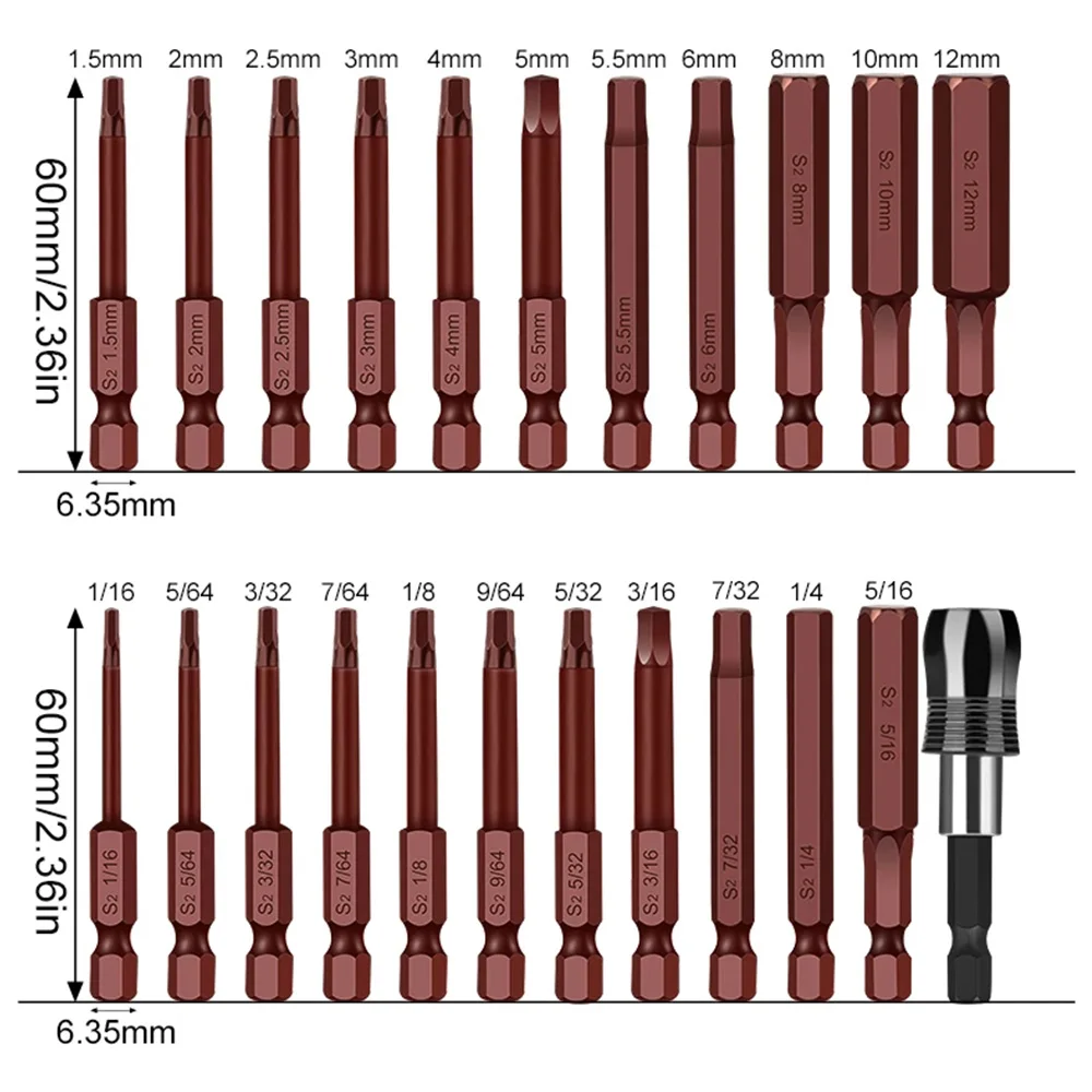 23Pcs Wrench Drill Bit Hex Head Allen Wrench Drill Bit Set Metric SAE S2 Steel Hex Bits Set 65mm Long Magnetic Screwdriver Bits