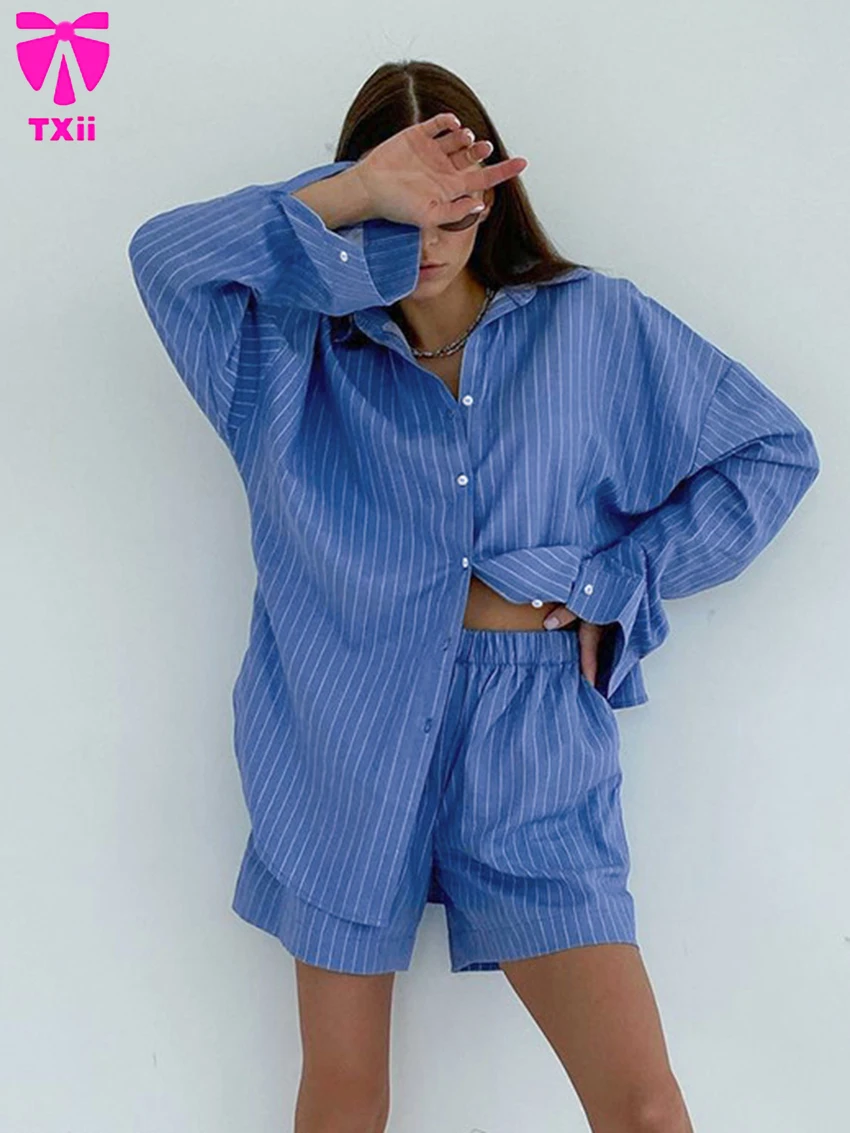 TXii Striped Women Sleepwear Suit Long Sleeve Nightwear Turn-Down Collar Nightgown Shorts 2023 New Casual Femme Pajama Set