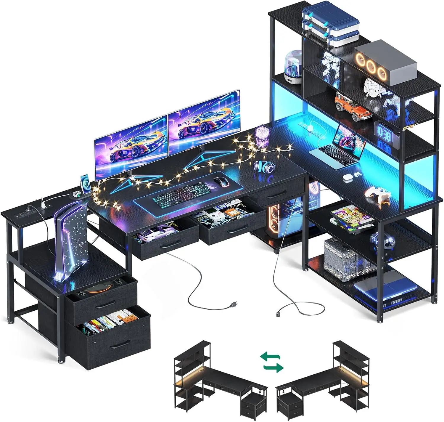 79' L型ゲーミングデスク、引き出し5つ、LEDライト、コンセント2つ付き、ブラック