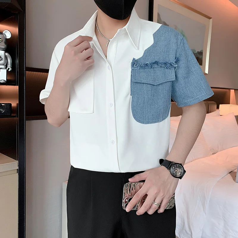 

2023 Summer Spliced Shirt Men Short Sleeve Casual Shirts Business Social Dress Shirt Streetwear Party Tuxedo Blouse Men Clothing