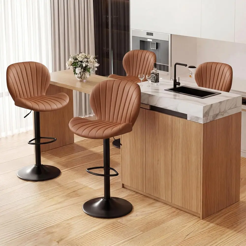

Bar Stools Set of 4, Modern Swivel Adjustable Bar Chairs, Faux Leather Upholstered Counter Height Bar Stools with Backrest, Com