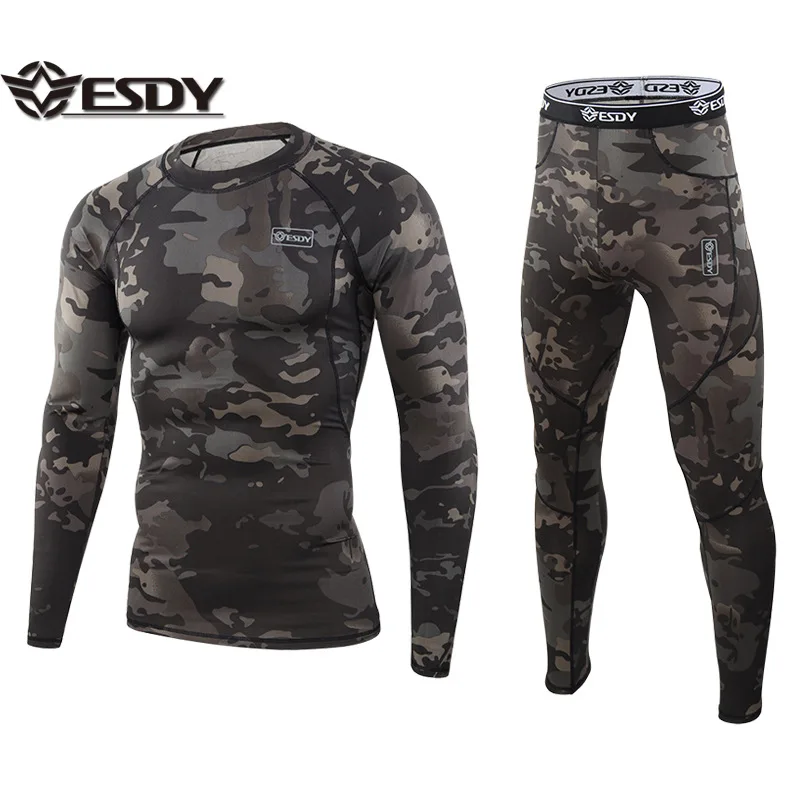 ESDY Men Tight Tactical Thermal Underwear A152 Outdoor Sport Function Training Camouflage Long sleeve Set Fitness Underwear