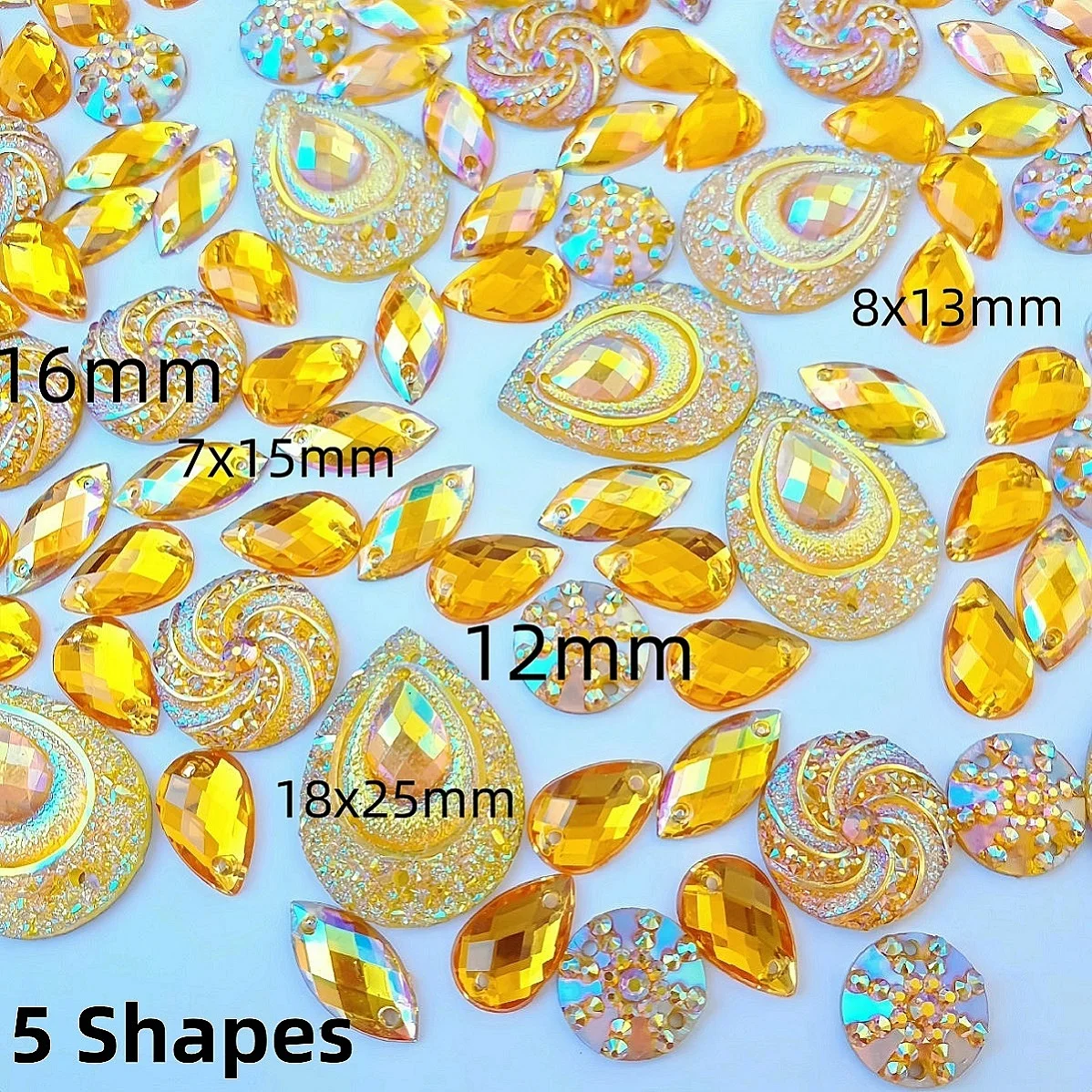 210Pcs Mix Sew on Yellow Clothing Rhinestones Crystals Stones AB Flatback For Show Dance Costumes Dress Sewing Shoes Decorations