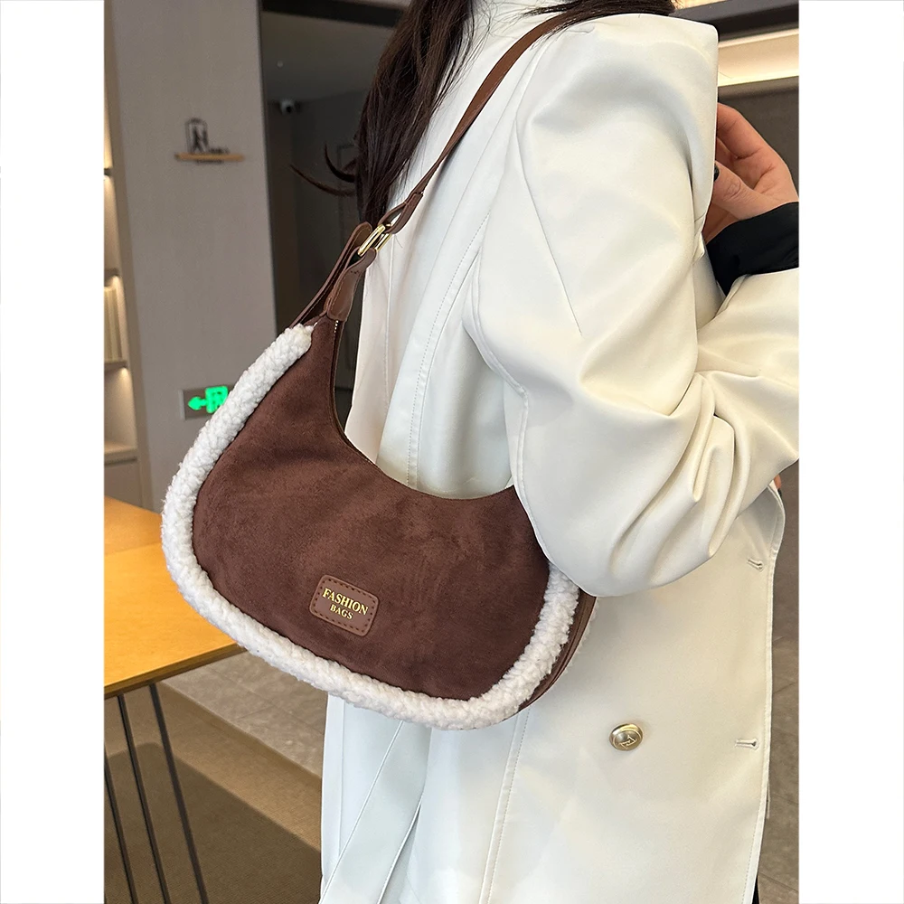 Retro Women\'s Lamb Woolen Suede Shoulder Bags 2023 Winter New Trend Plush Patchwork Underarm Pack Designer Ladies Crossbody Bags