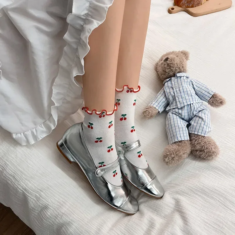 Cherry Print Ruffle Socks Cotton Thin Breathable Japanese Kawaii Cute Low Tube Socks Women JK Lolita Sweet Girls Short Socks Sox