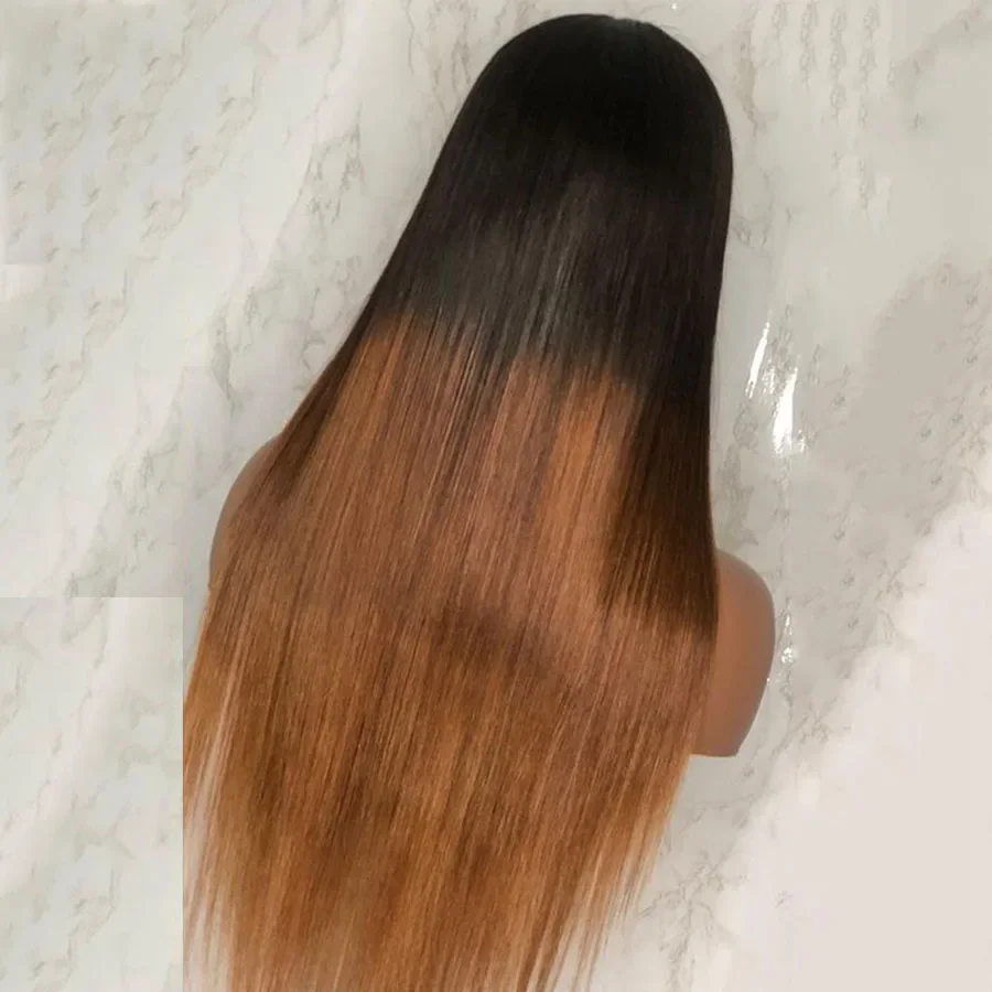 MXWIGS-peluca sintética recta con malla frontal para mujer, pelo de bebé con flequillo marrón degradado, 180% de densidad, sin pegamento, prearrancado, Cosplay