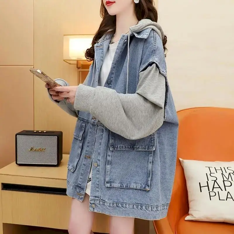 

Fashion Hooded Denim Coat Women Casual Loose Cardigan Hoodies Spring Autumn Trendy Fake Two-Piece Hoodie Streetwear Y2k Clothes