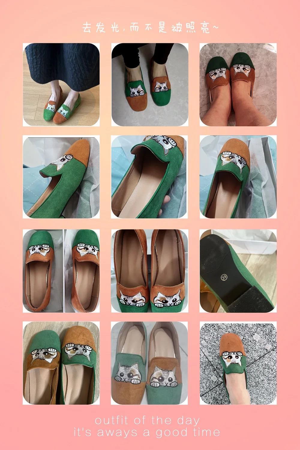 Women's Top Quality Cat Embroidery Flock Moccasins Non-Slip Kitten Shoes Square Toe Two-Tones Ballet Flats Animal Themed Slipper