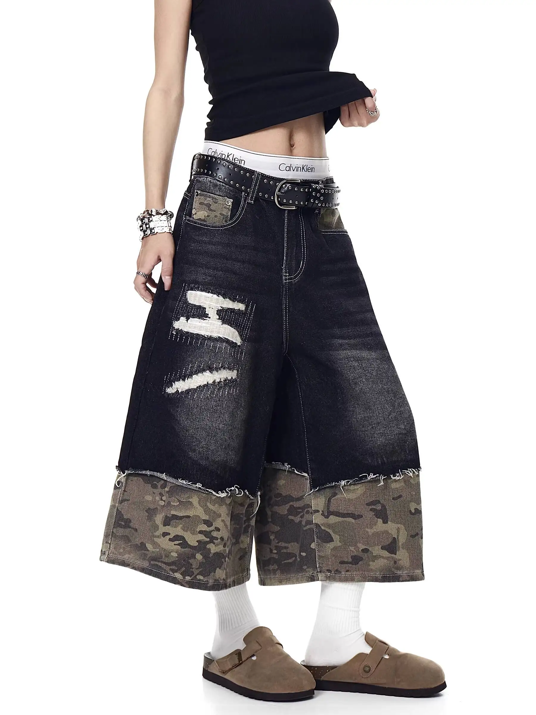 2026 Summer New American Retro Camouflage Ripped Denim Shorts For Men Women, Loose Wide Leg Seven-Point Casual Pants Streetwear