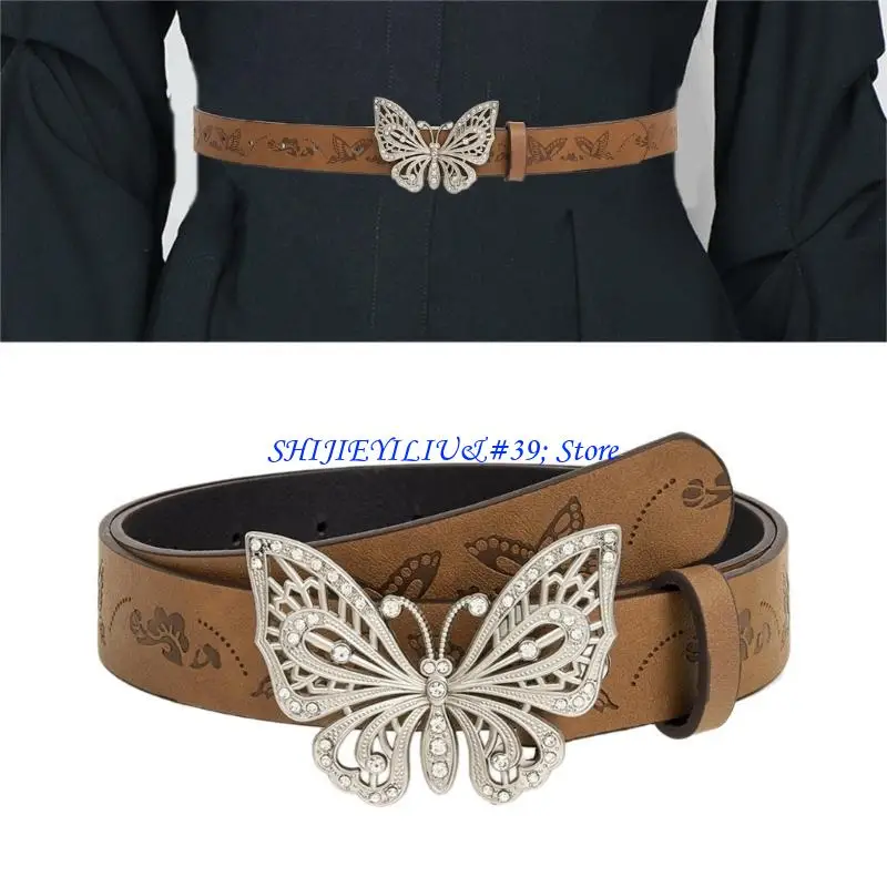 E21F Embossed Belt Elegant Skinny Waist Belt for Dress Skinny PU Belt Rhinestones Buckle Butterfly Buckle for Suit Dress