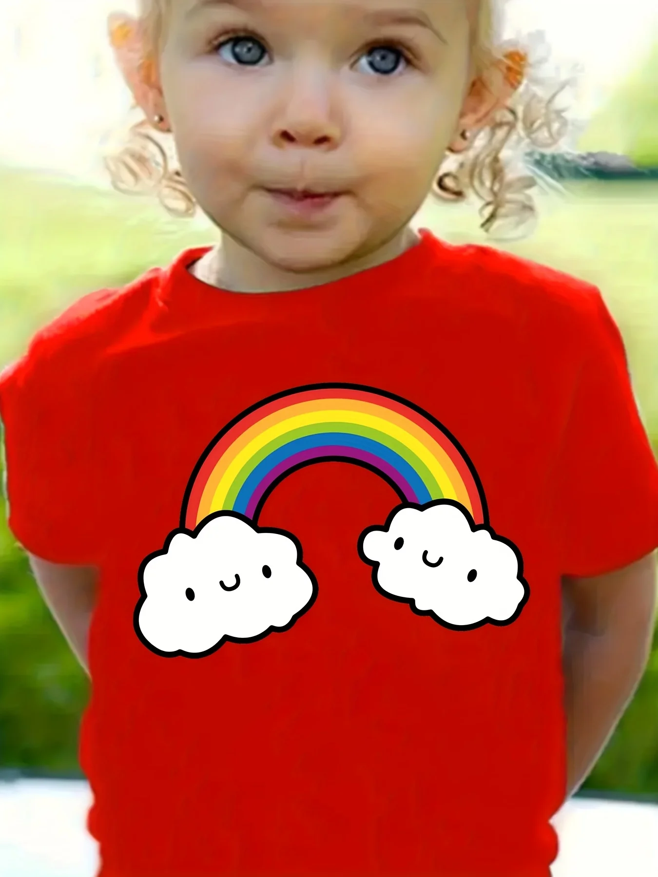 Smiley Cloud Rainbow Print Kids Tee Boys Girls Family Matching Short Sleeve Soft Breathable Parent Child Daily Comfort Tops