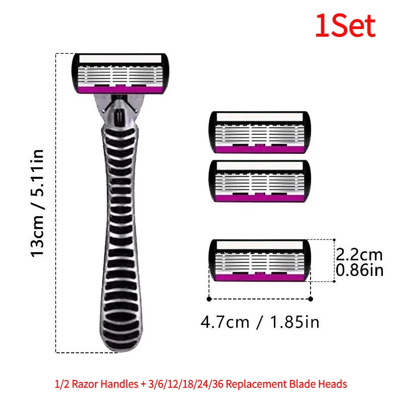 1Set Safety Razor With 3/6/12/18/24/36Pcs 6 Layer Stainless Steel Shaving Cartridges For Men Women Hair Removal Shaving.
