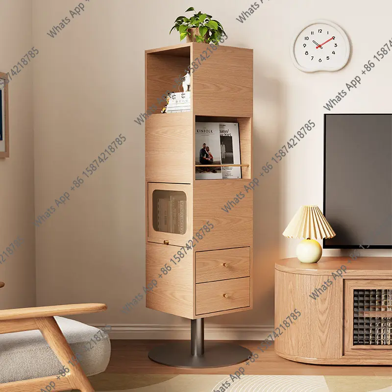 Solid wood rotating bookshelf 360 degree bookcase storage cabinet household living room movable children's floor rack