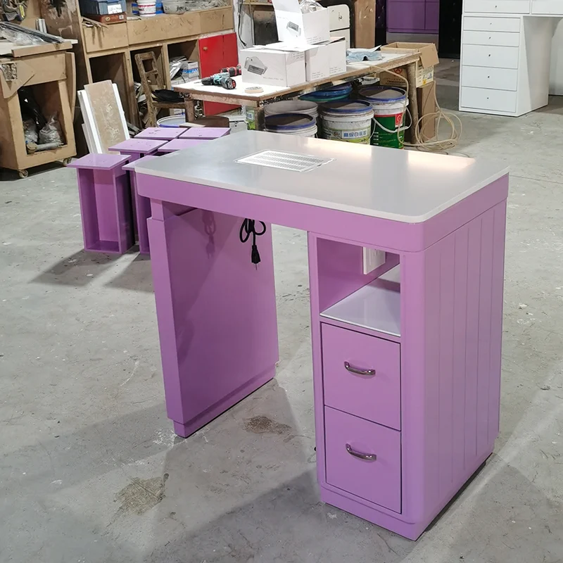 Manicure Table with White Stone Top, Wooden Frame Nail Salon Desk, Built-in Dust Collector, Single Professional Spa Station