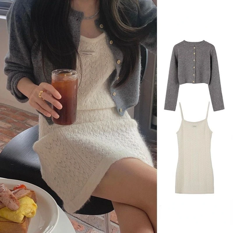 

2023 Winter Season Wear Gentle Department Spice Knit Cardigan Camisole + Dress Two Piece Set