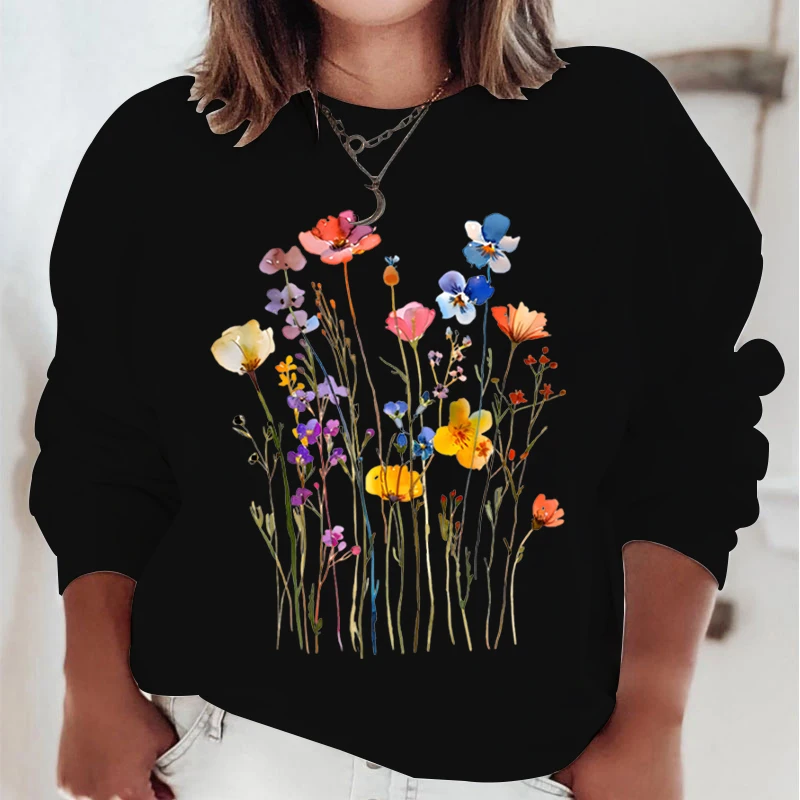 

New Bohemia Spring Autumn Sweatshirts Women Watercolor Wild Flower Pullover Long Sleeve Tracksuit Floral Trend Female Hoodies