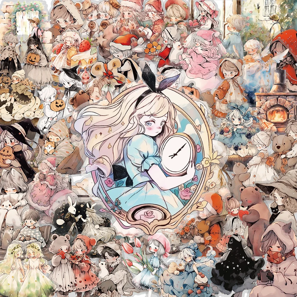 50 Uds. De pegatinas con ilustración del mundo de cuento de hadas, estilo dibujado a mano, marionetas, personas, decoración diaria cálida, taza de agua, álbum de recortes