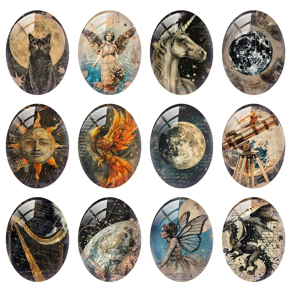 Random Mixed Round/Oval/Square Astronomy Fantasy Moonlit Cat Photo Glass Cabochon Flatback Demo Cameo For Diy Jewelry Making