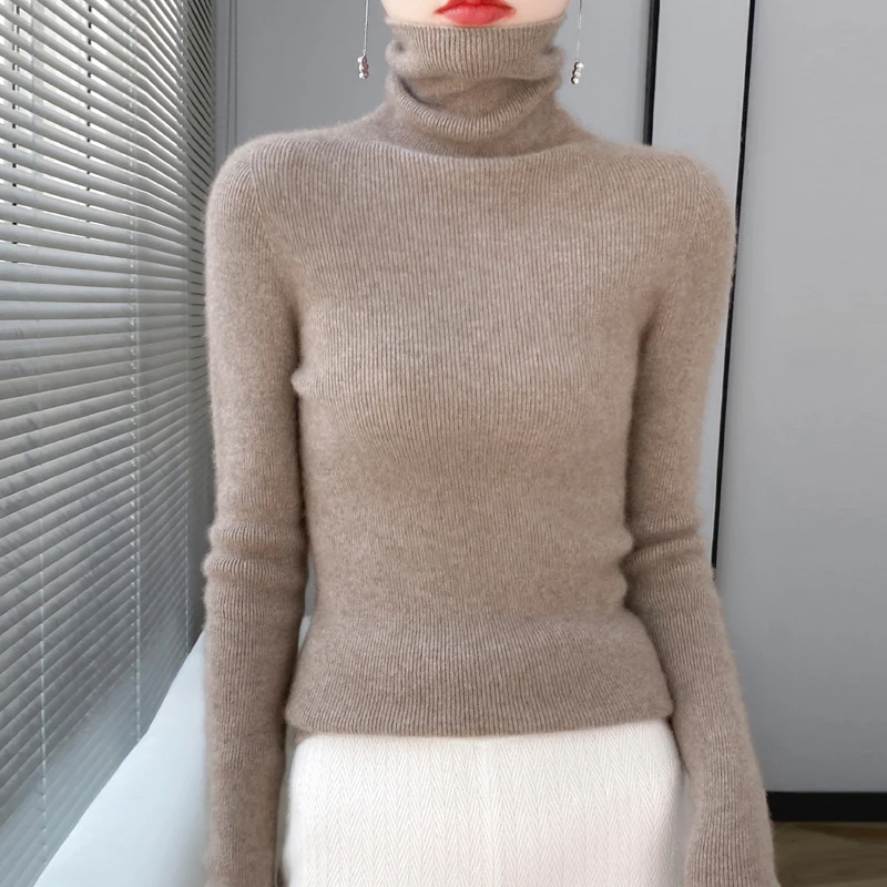 Female turtle neck slim bottoming pullover in autumn and winter 100% merino wool soft Korean pop pullover.