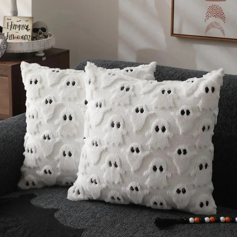 Fall Halloween Throw Pillow Covers, Pumpkin Print Faux Wool Pillowcase, Soft Plush Decor Cushion Cover for Sofa Couch Home Decor