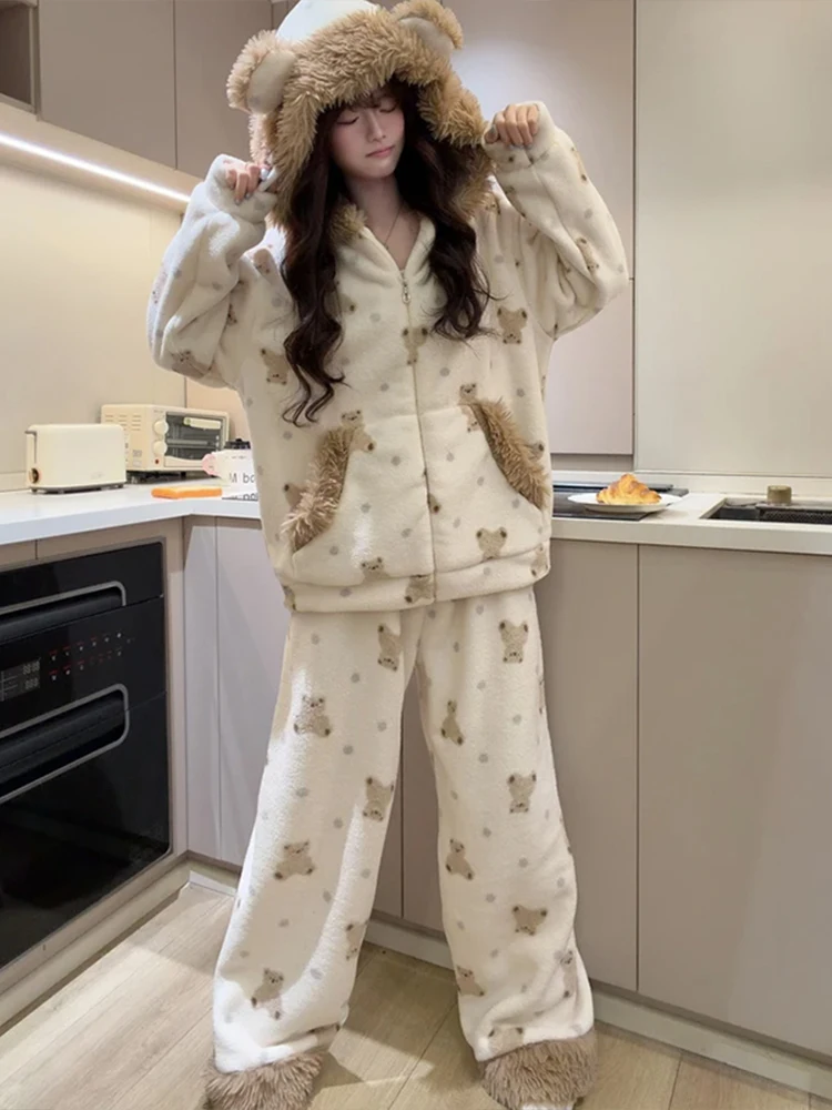 winter-thickened-coral-fleece-padded-sleepwear-women's-hooded-home-clothes-outwear-suitable-for-autumn-and-winter-long-sleeve
