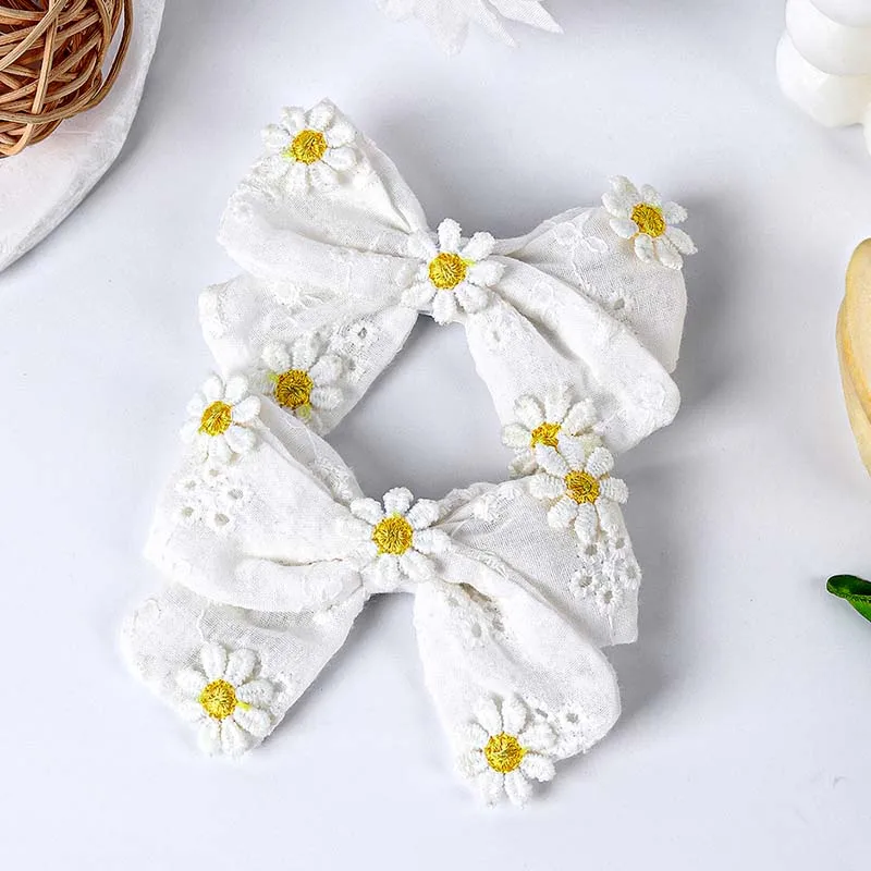 ncmama New Daisy Hair Bow Clips for Baby Girl Cute Handmade Bowknote Hairpin with 5 Flower Barrettes Headwear Hair Accessories