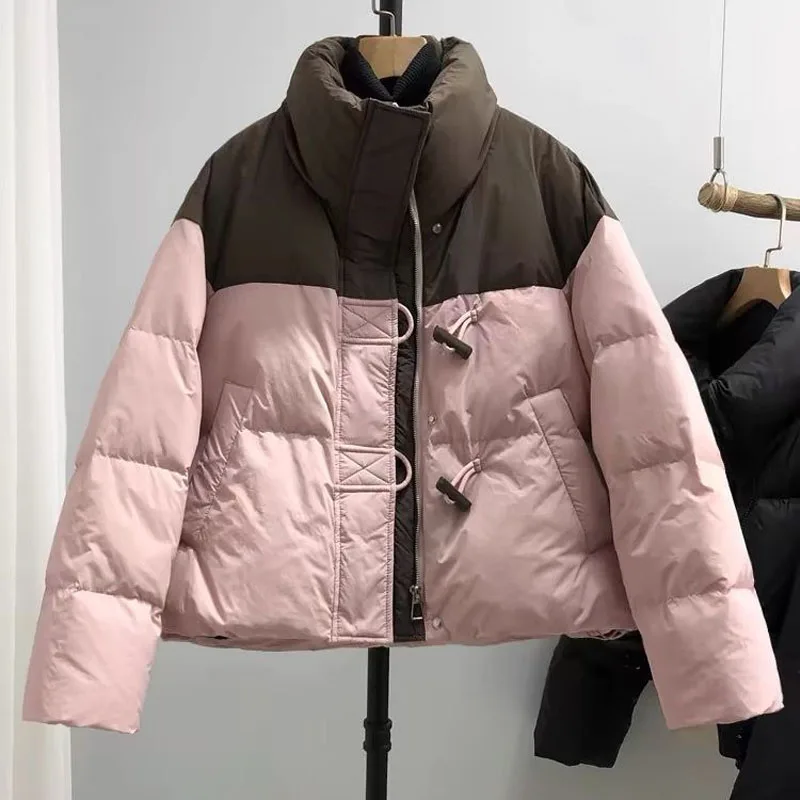 Preppy Style Short Down Winter Woman Clothes Parkas Loose Patchwork Cootrast Color Thicken Stand Collar Zipper All-match Cotton