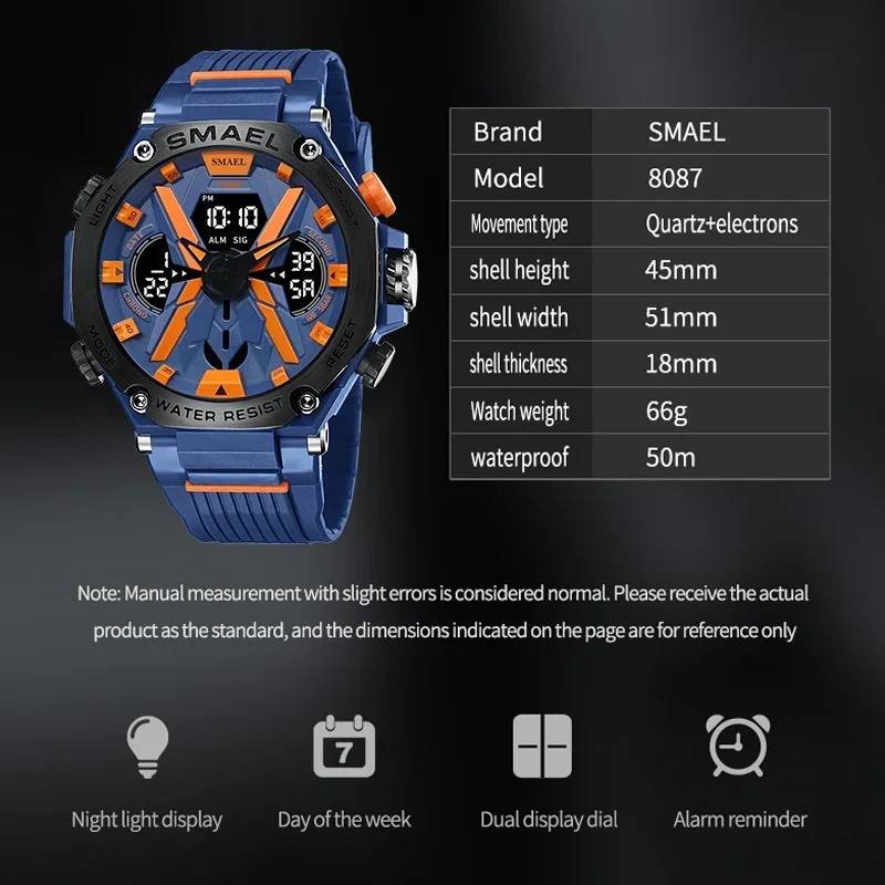 SMAEL Quartz Brand Original Wristwatches 50M Waterproof Wristwatch Time Alarm Clock Sport Watch Military Army Men Watches 8087