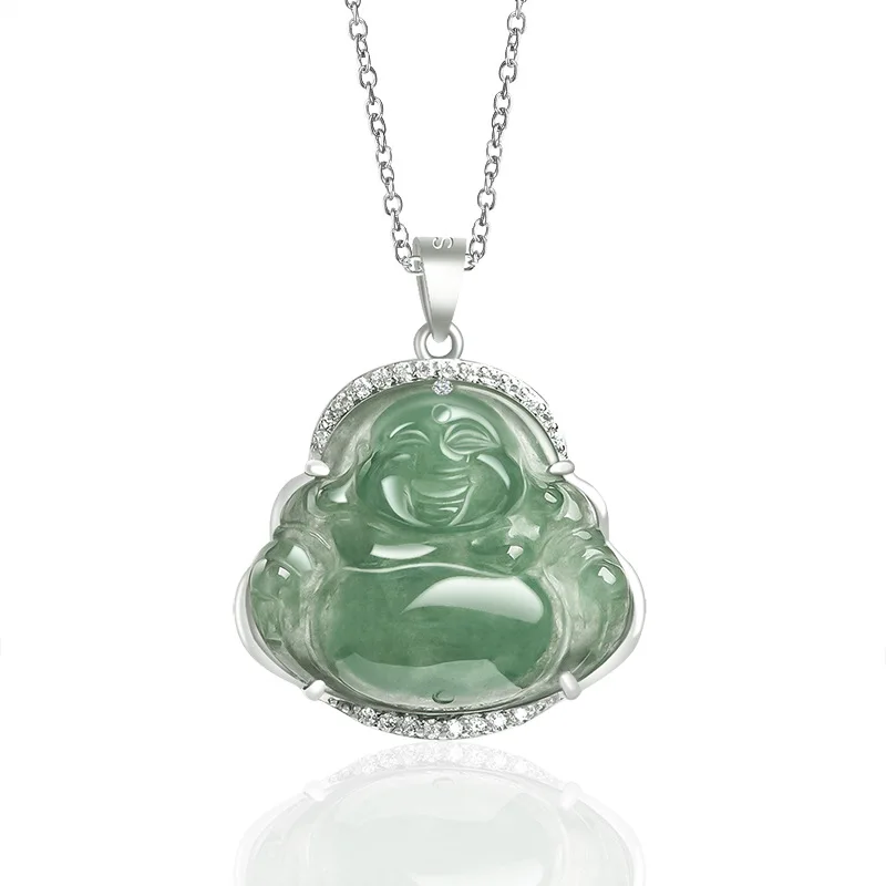 

Natural Myanmar A Jade Oil Green Little Buddha Gong Maitreya Buddha Pendant S925 Silver Inlaid Ice Jadeite Charms Jewelry