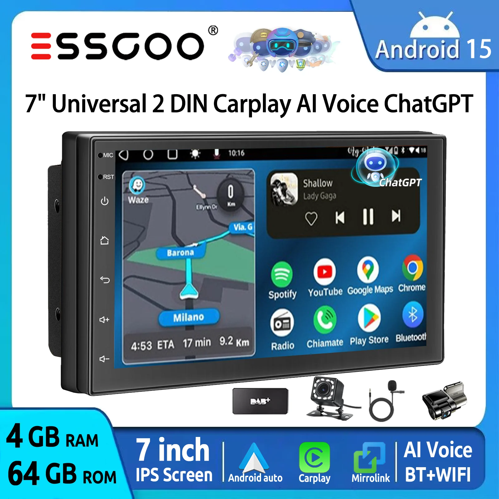 ESSGOO Universal Autoradio 2 DIN 7" Android 15 4+64GB Wireless CarPlay Android Auto GPS Navigation FM BT Wifi RDS KI-Sprachsteuerung ChatGPT Lenkradsteuerung IPS Touchscreen Mirror Link