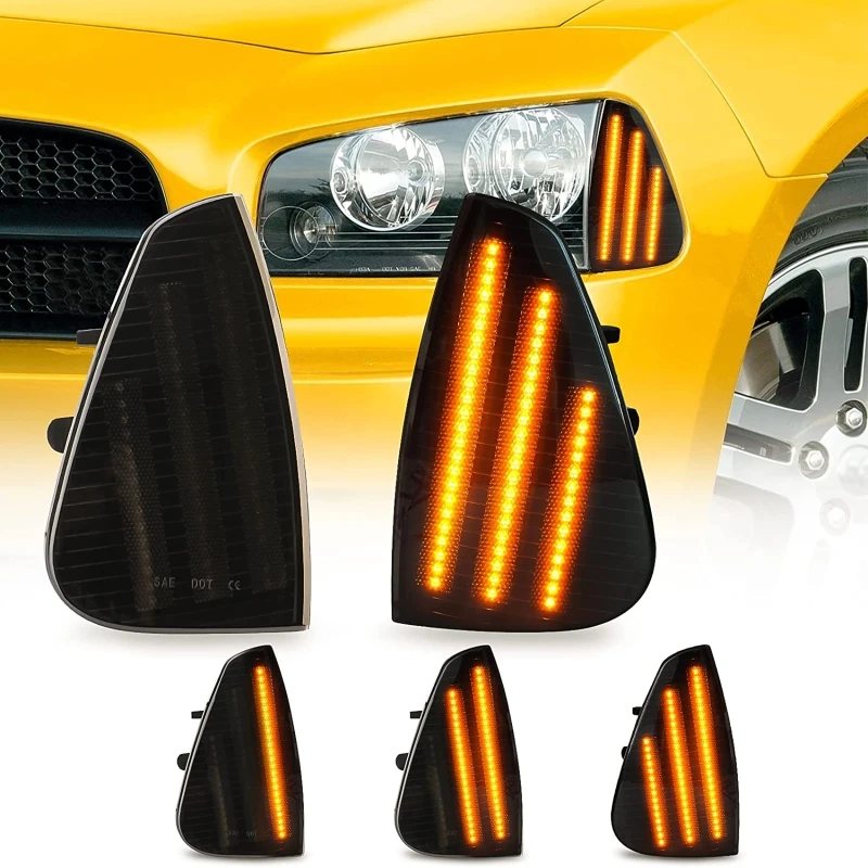 

LED Front Corner Lights For Dodge Charger 2006-2010 Sequential Turn Signal Lamp 3 Rows LED Strips Smoked Len 4806219AD 4806218AD